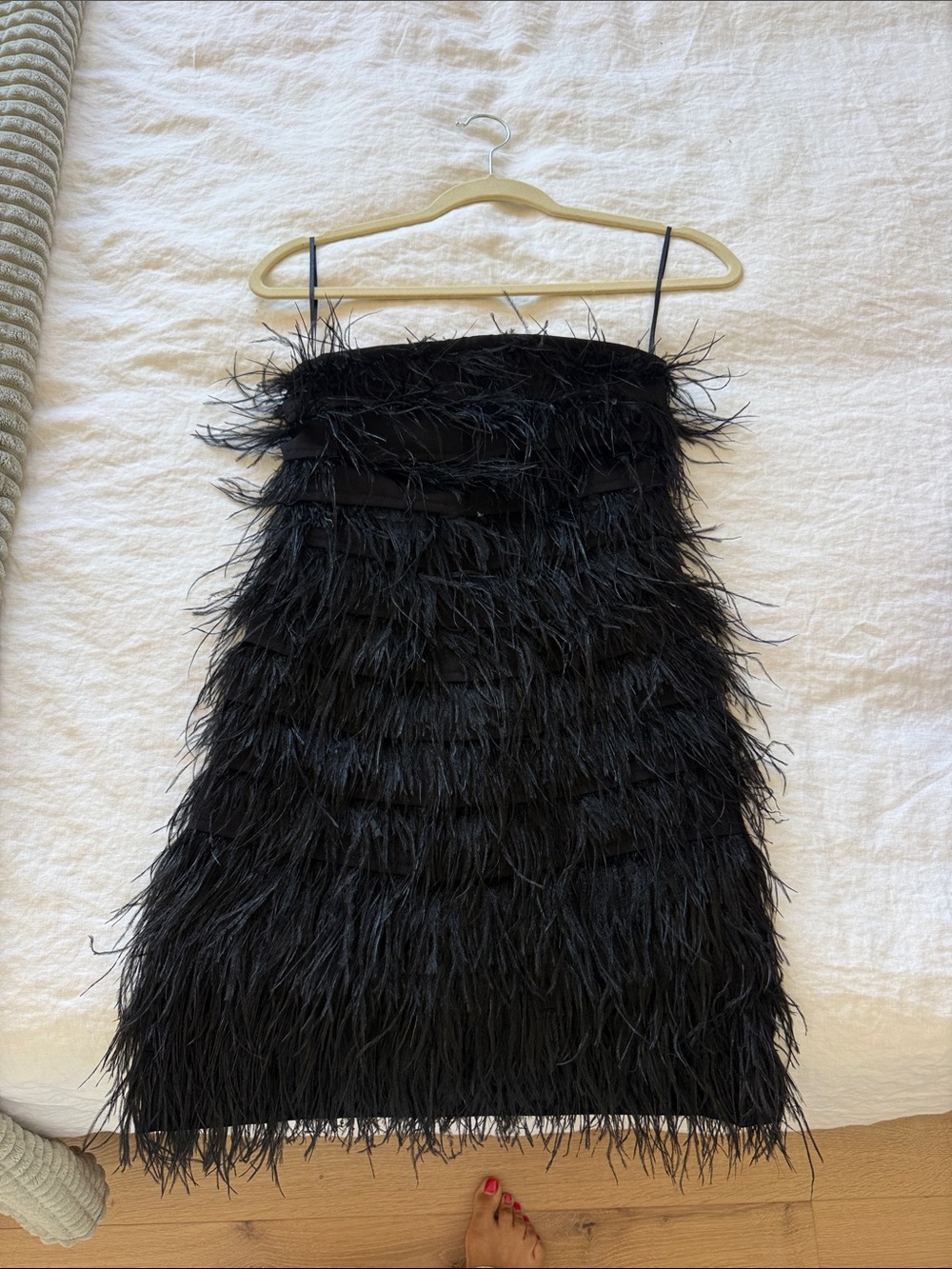 Black Feather-Trim Mini Dress with Spaghetti Straps